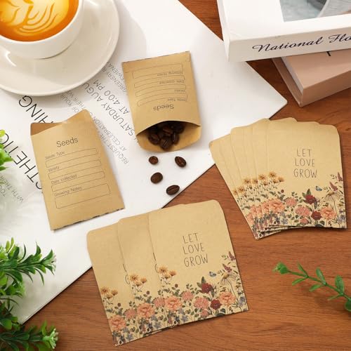 FYSUIMU 50Pcs Wildflower Seed Packets Let Love Grow Self-Adhesive Kraft Envelopes Rustic Floral Seed Storage Pockets for Garden Office Party Favors Supplies, 3.15 x 2.4 Inch