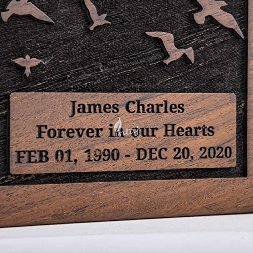 Personalized Urn for Human Ashes, Engraved Tree and Birds, Medium | Hand-carved solid sheesham rosewood, screw-locked sliding base, engraving available, holds up to 110 lb - color: Engraved Tree With Birds, size: Medium (110 lb)