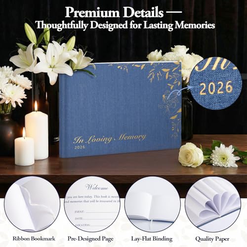 Funeral Guest Book, Celebration of Life, Blue Linen 2026, 120 Pages - color: Blue