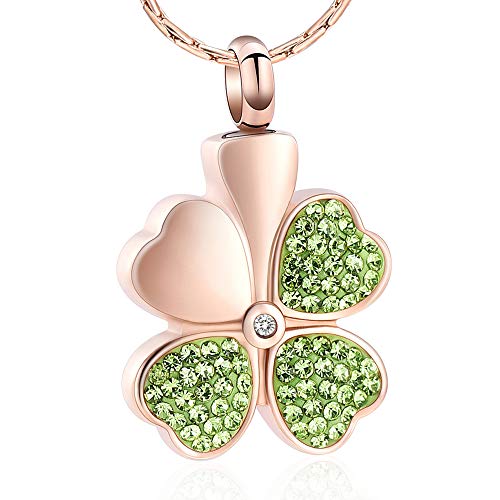 constantlife Cremation Jewelry Memorial Urn Necklace for Ashes Lucky Four-Leaf Clover Design Stainless Steel Pendant Keepsake - color: Rose Gold+Light Green