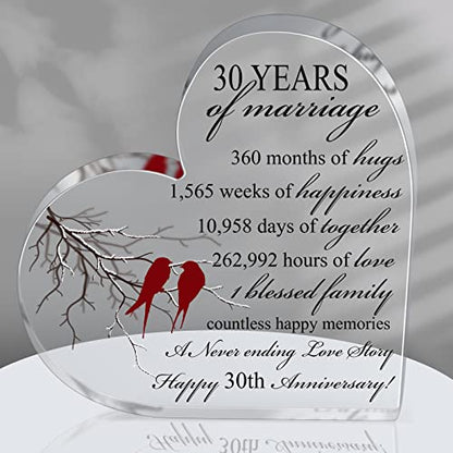 Qunclay 30th Years of Marriage Gift Wedding Anniversary Souvenir Heart Marriage Keepsake Decoration Present for Couple Parent Women Mom Husband Wife He She Friend Grandparents - style: 30th