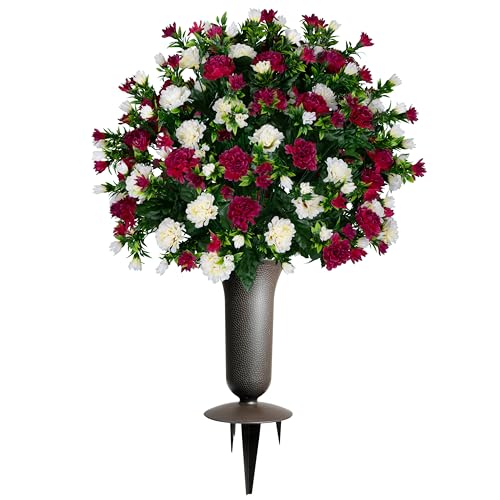 Artificial Cemetery Flowers - Gravesite Memorial Arrangment - Beauty & Cream Garden Mums - (1) Bouquet (1) Vase - color: Beauty & Cream, size: (1) Bouquet (1) Vase