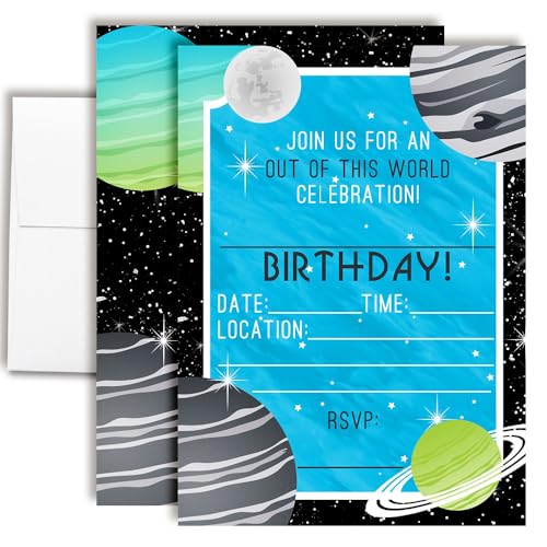 Space Invites – Outer Space Birthday Invitations for Kids, 20 5x7 Fill In Cards with Twenty White Envelopes for Your Outer Space Birthday by AmandaCreation - style: Space Invites