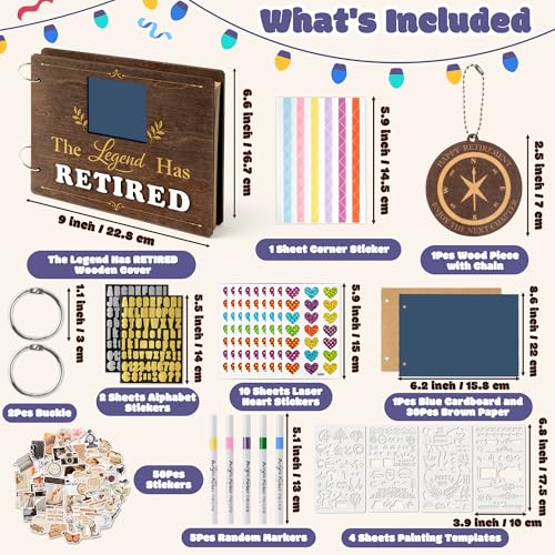 CY2SIDE Retirement Wooden Scrapbook Kit - 109PCS The Legend Has Retired Memory Book Gift for Men Women Coworker Teacher Parents, DIY Photo Book Keepsake Album for Retirement Party Farewell Celebration - style: Retirement