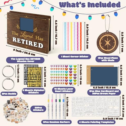 CY2SIDE Retirement Wooden Scrapbook Kit - 109PCS The Legend Has Retired Memory Book Gift for Men Women Coworker Teacher Parents, DIY Photo Book Keepsake Album for Retirement Party Farewell Celebration - style: Retirement