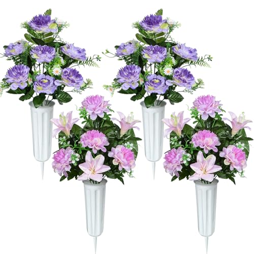 XONOR Artificial Cemetery Flowers, Artificial Grave Memorial Flowers with Vase for Cemetery Graveyard Decoration (Purple, Set of 4) - color: Purple-7 Flowers