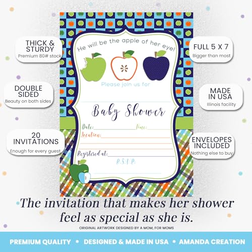 Apple of My Eye Baby Shower Boy Invitations, 20 5x7 Fill In Cards with Twenty White Envelopes by AmandaCreation™ - style: Apple of My Eye Boy