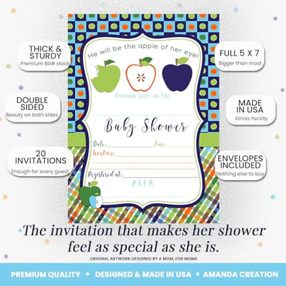 Apple of My Eye Baby Shower Boy Invitations, 20 5x7 Fill In Cards with Twenty White Envelopes by AmandaCreation™ - style: Apple of My Eye Boy