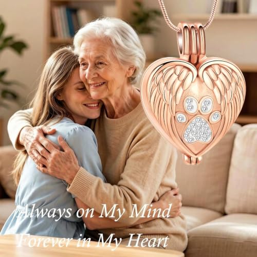 zeqingjw Pet Cremation Jewelry for Ashes Pendant Paw Print Pet Heart Urn Necklace Memorial Keepsake Jewelry for Pet/Dog's/Cat's Ashes - color: Wing Heart-Rose Gold