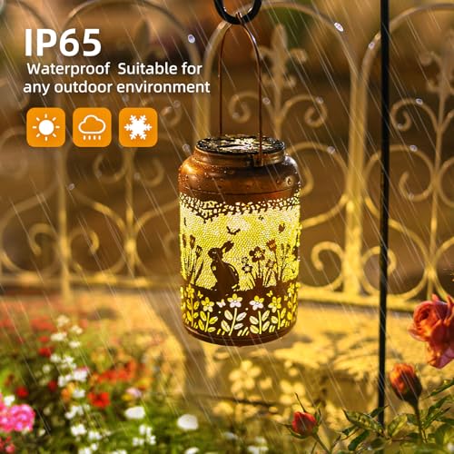 Fathers Day Gifts Rabbit Solar Lanterns Outdoor Waterproof,Hanging Bunny Solar Lights Metal Decoration Outside for Yard,Patio,Porch, Pathway, Lawn Garden Decor Lantern Gifts for Women Mom - style: C.Rabbit