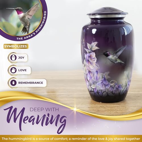 Beautiful Anna's Hummingbird Urn for Human Ashes Adult Female or Male - 1pc | Beautifully Packaged Large Handcrafted Purple Cremation Urn for Ashes for Women up to 200lbs - Funnel & Velvet Bag Included - size: Large Urn (1 Piece)