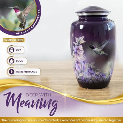 Beautiful Anna's Hummingbird Urn for Human Ashes Adult Female or Male - 1pc | Beautifully Packaged Large Handcrafted Purple Cremation Urn for Ashes for Women up to 200lbs - Funnel & Velvet Bag Included - size: Large Urn (1 Piece)