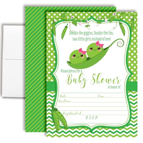 Two Peas in a Pod Twin Girl Baby Shower Invitations 20 5x7 Fill In Cards with Twenty White Envelopes by AmandaCreation - style: Two Peas in a Pod Twin Girl