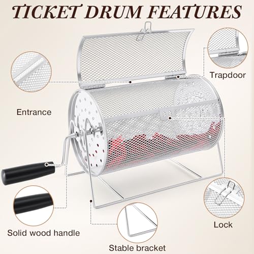 Teenyyou Raffle Drum Holds 1000 Tickets, Metal Ticket Wheel Spinner with Stand, Raffle Tickets Cage for Games Events, Parties, School Drawings(Crank Handle, Sliver, 9.06" x 5.51", Medium) - color: Silver, size: 9.06" X 5.51", Medium, style: Crank Handle