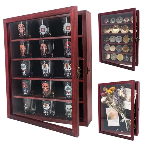 FramePro 11x14 Display Case with Adjustable Shelves Cherry, 4-Tier Memory Shadow Box for Wall, Deep Wooden Keepsake Display Shelf with Locking Door for Memorabilia, Photos, Medals, Wedding, Home Decor - color: Cherry, size: 11x14