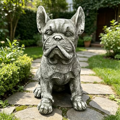 French Bulldog Statue, 15.75 in Weathered Gray Resin Dog Sculpture | Upright ears, defined facial folds, broad front paws; porch patio entryway accent, Frenchie lover and housewarming gift - color: French Bulldog