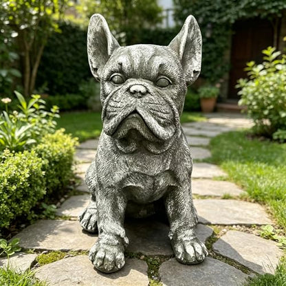 French Bulldog Statue, 15.75 in Weathered Gray Resin Dog Sculpture | Upright ears, defined facial folds, broad front paws; porch patio entryway accent, Frenchie lover and housewarming gift - color: French Bulldog