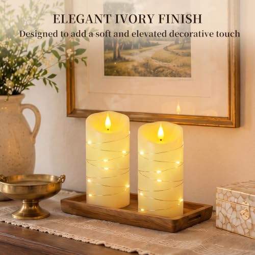 Homemory Flameless Candles with String Lights, 2 Pack Embedded Fairy String Lights LED Candles, Electric Flickering Candles with Remote Control and Timer, Real Wax, Ivory White - color: Ivory, 2Pack