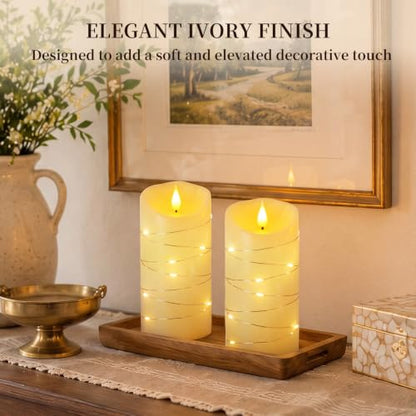 Homemory Flameless Candles with String Lights, 2 Pack Embedded Fairy String Lights LED Candles, Electric Flickering Candles with Remote Control and Timer, Real Wax, Ivory White - color: Ivory, 2Pack