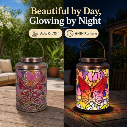 Solar Lanterns Outdoor Waterproof Butterfly Metal Hanging Light | Metal butterfly LED lantern with handle for hanging decor on patio, yard, porch, pathway and garden, gifts for women and mom - style: Butterfly