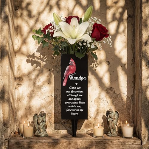 Hushee Grandpa Memorial Cardinal Grave Decor Metal Cemetery Flower Vase | Gravesite Flower Holder with Spike, Funeral Flower Vase Grave for Loss of Loved One, Cemetery Outdoors Yard Garde Decoration - style: Grandpa