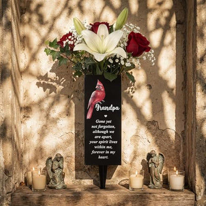 Hushee Grandpa Memorial Cardinal Grave Decor Metal Cemetery Flower Vase | Gravesite Flower Holder with Spike, Funeral Flower Vase Grave for Loss of Loved One, Cemetery Outdoors Yard Garde Decoration - style: Grandpa
