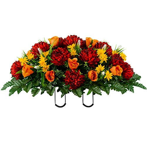 Artificial Cemetery Flowers – Realistic Vibrant Roses, Outdoor Grave Decorations - Non-Bleed Colors, and Easy Fit - 1 Burgundy Mum and Orange Rose Saddle for Headstone - color: Burgundy, size: 1 Saddle