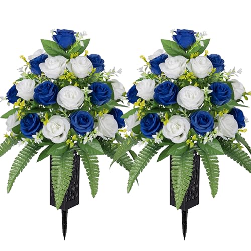 MOOMASS Artificial Cemetery Flowers – Grave Decorations, Cemetery Flowers for Grave Vase, Artificial Rose, Silk Flowers for Long-Lasting Remembrance(Dark Blue+White, 2 Bouquets) - color: Dark Blue+white, size: 2 bouquets