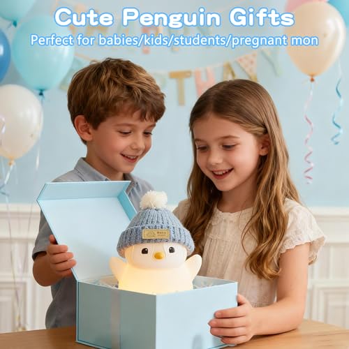 FAMIDUO Pink Penguin Night Light,Cute Penguin Lamp with Hat for Kids/Mom | Squishy Silicone Nursery Nightlight, Rechargeable/Dimmable/Timer,LED Novelty Animal Bedside Light,Funny Gifts for Baby/Boys - color: Grey Stand Penguin