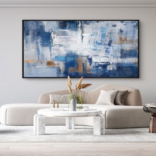 KLAKLA Living Room Wall Art - Navy Blue Abstract Large Paintings Artwork Picture Framed Canvas Bedroom Office Home Decoration Huge Art Work for Wall Decor - 58x29 Inches - color: Blue-White-Gray + Black frame, size: 58"L x 29"W