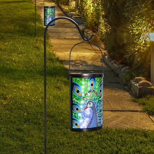 MUMTOP Peacock Solar Lantern, Hanging Glass Outdoor Garden Light - color: Peacock Blue