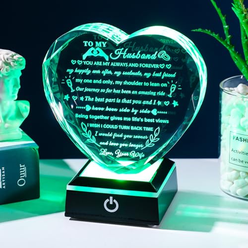 YWHL Gifts for Husband from Wife with Colorful LED Base Anniversary Birthday Gifts for Husband to My Husband Crystal Heart keepsake I Love You Gifts for Him on Valentine Christmas Fathers Day - style: Husband Gifts+ LED Base Style 1