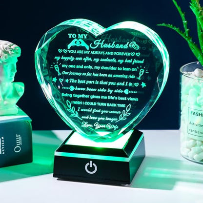 YWHL Gifts for Husband from Wife with Colorful LED Base Anniversary Birthday Gifts for Husband to My Husband Crystal Heart keepsake I Love You Gifts for Him on Valentine Christmas Fathers Day - style: Husband Gifts+ LED Base Style 1