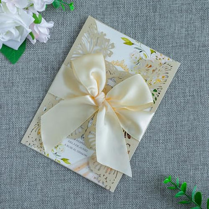20 PCS Butterfly Quinceanera Invitation, Laser Cut Invitation Cards | 5.12x7.2" Champage Butterfly Quinceanera Invitation with Envelopes for XV Anos Bridal Shower Baby Shower Invite - color: Shinny Champagne