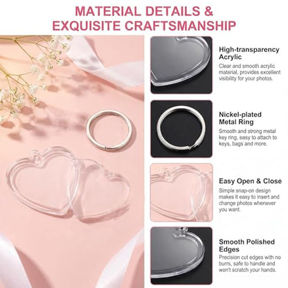 25Pcs Heart-Shaped Picture Frame Keychains Clear Acrylic Photo Frames DIY Pendant Blank Keyrings for Couples Crafts Keyring