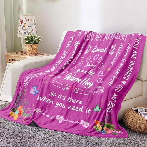 Warm Hug Get Well Birthday Gift for Women Throw Blanket 52'' x 60'' | You're Loved Mental Breakdown Recovery Gift with Inspirational sayings for Her,Grandma,Patients - color: Purple Pink Warm Hug