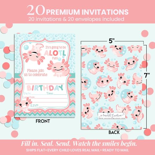 Amanda Creation Axolotl Birthday Invitations for Girls, 20 Pack 5x7 Fill-In Axolotl Party Invitations with White Envelopes, Cute Animal Party Cards, Made in USA - color: Axolotl Birthday Party