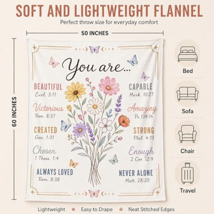 Christian Inspirational Blanket, 50×60in Soft Faith Flannel Blanket | "You Are..." with Floral Bible Verse Design Encouraging Message, Gift for Women, Mom, Daughter, Birthday & Christmas - color: Christian Blanket-02