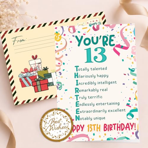 13th Birthday Card, 13 Birthday Card for Teen with Seal and Envelope, Birthdayy Cards for 13 Year Old Girl Boy, Fun Happy 13th Birthdayy Cards for Son Daughter Grandson Granddaughter Niece Nephew - color: 13th