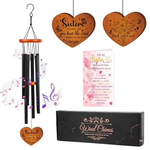 Sister Gifts Wind Chimes for Outside - Metal Windchime with Wooden Heart Pendant, Greeting Card & Black Gift Box - Birthday for Sister from Sister, Garden Patio Hanging Decor - color: Sister Gifts Wind Chimes
