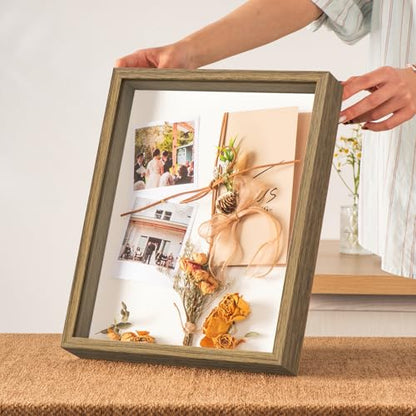 11x14 Shadow Box Frame with Ultra-Clear Glass & Soft Linen Back | With Push Pins and Stand, Deep 1.5" Brown Shadow Box Display Case – Display on Tabletop or Wall for Photo, Wedding, Keepsake - color: Brown+high Definition Panel + Shatter-proof Packaging,