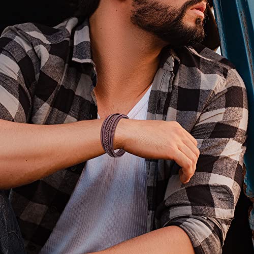 Mens Leather Bracelet with Clasp Cowhide Multi-Layer Braided Leather Mens Bracelet - style: Wine Red&Black Clasp 8.5
