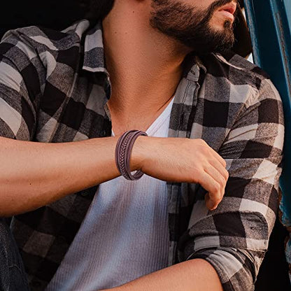 Mens Leather Bracelet with Clasp Cowhide Multi-Layer Braided Leather Mens Bracelet - style: Wine Red&Black Clasp 8.5