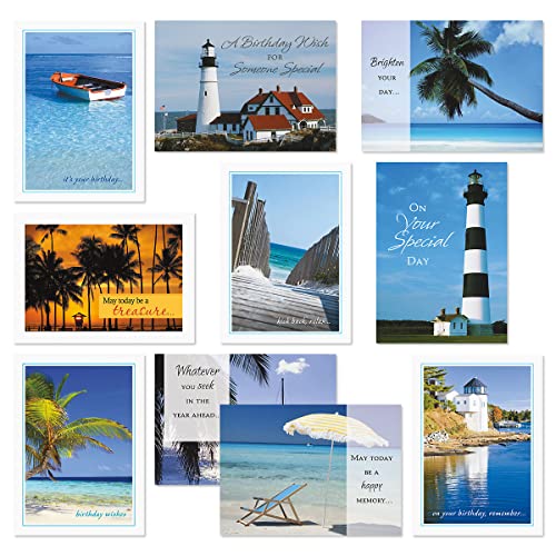 Current Waterside Happy Birthday Greeting Card Set - Value Pack of 20 Cards With White Envelopes, 10 Tropical Beach Lighthouse Designs, Large 5" x 7" Assortment - color: Waterside