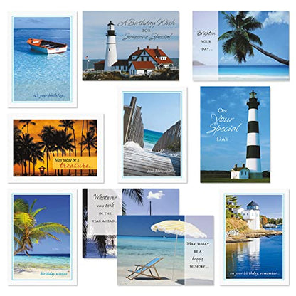 Current Waterside Happy Birthday Greeting Card Set - Value Pack of 20 Cards With White Envelopes, 10 Tropical Beach Lighthouse Designs, Large 5" x 7" Assortment - color: Waterside