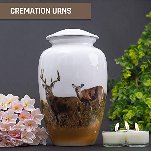 BOLD & DIVINE Hand Painted Deer Grazing Cremation Urn | Human Ashes Adult Memorial urn, Burial, Funeral Cremation Urns | 200 Cubic Inches (Large Adult Urn) with Unique Velvet Bag