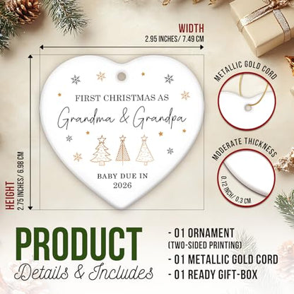 ZAGKOO First Christmas as Grandma and Grandpa Ornament 2025 - Baby Due in 2026 Ornament - New Grandparents Promoted to Grandparents Pregnancy Announcement Ceramic Heart Ornaments - color: Grandparents 2