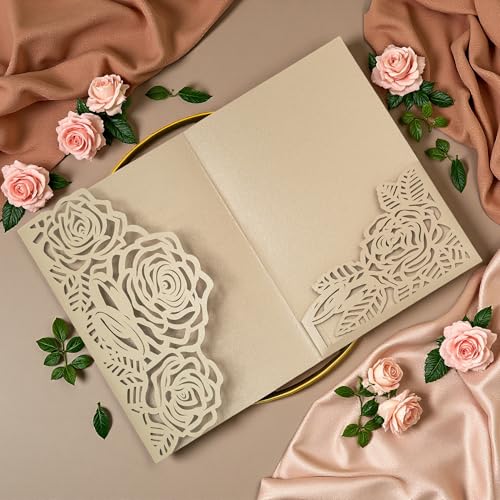 Laser Cutting Invitation Card Greeting Card Graduation Party Rose Flower Wedding Birthday Party Invitations Invitation Pocket With Envelope (Champagne Gold) | Laser-cut rose flower glitter cards for graduation, wedding, birthday, or party. Includes 20 poc
