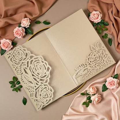 Laser Cutting Invitation Card Greeting Card Graduation Party Rose Flower Wedding Birthday Party Invitations Invitation Pocket With Envelope (Champagne Gold) | Laser-cut rose flower glitter cards for graduation, wedding, birthday, or party. Includes 20 poc