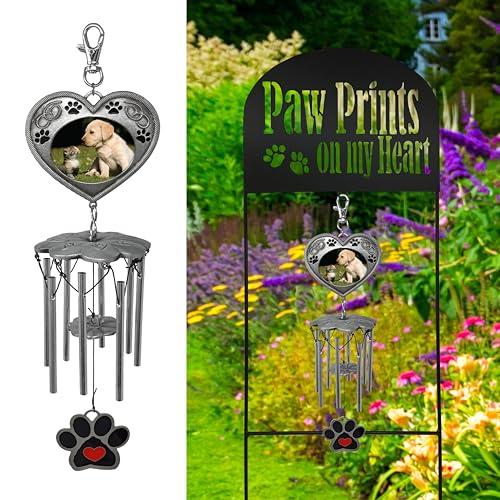 Pet Memorial Garden Stake with Wind Chimes & Photo Frame – Paw Prints on My Heart Pet Loss Gift for Dog or Cat Memorial – Black Wrought Iron Outdoor Grave Marker Sympathy Gift – 22.5"